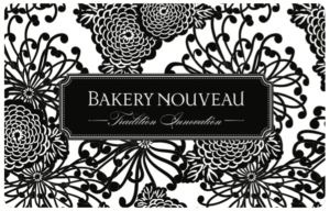Gift card with black flower silhouette on white background. Black Bakery Nouveau Logo.