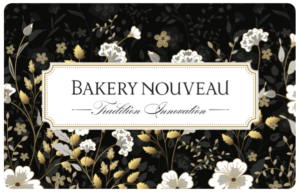 Black gift card with white and beige flower illustration and Bakery Nouveau Logo.
