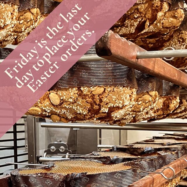 Friday is the last day to place your special orders for Easter Sunday. Remember, certain products, like the Colomba di Pasqua will leave until next year! The shops are well stocked with Easter items that aren’t on the webshop as well.

Please note we will be open on Easter Sunday, but closing early at 3:00.