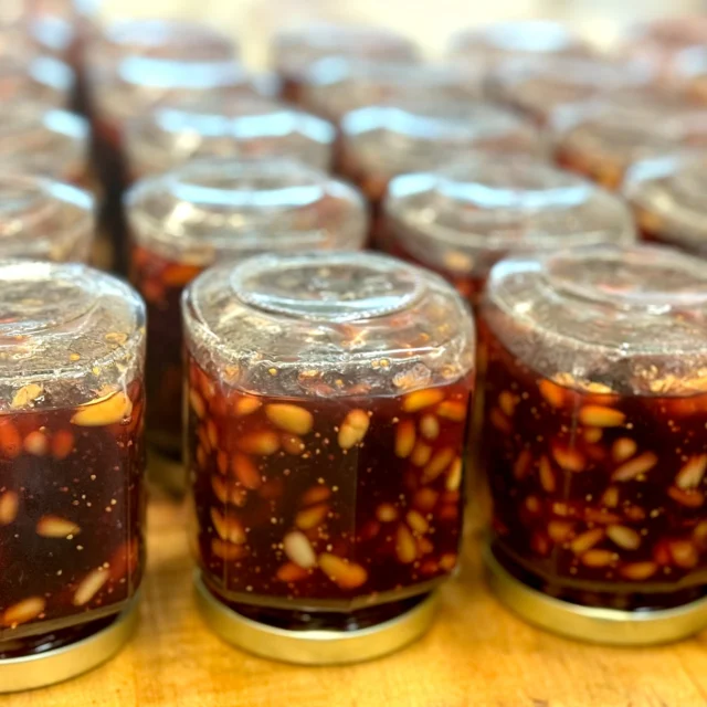 Chef’s latest (and new favorite) jam!!!

Black Mission Fig Jam with Gewürztraminer wine and pignolia nuts.