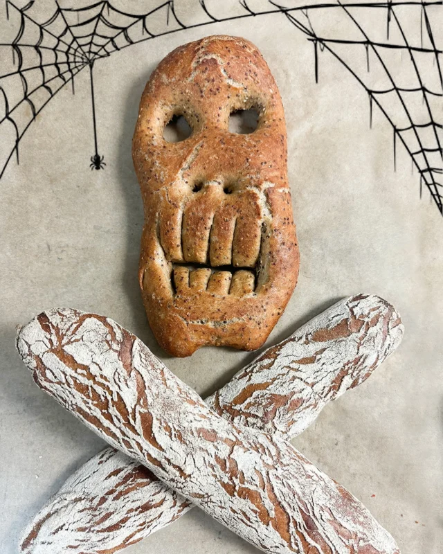 Here in all 3 shops for as long as it lasts! (starting NOW)

Spooky bread, but it’s to die for! (Ha! See what we did there?)

The skull is made of quinoa, rye, wheat, oat flour with sesame and chia seeds. The cross bones, also knowns as “Souls Bread”, are a wheat and spelt blend with a very mild fermentation. 

The skull and the set of 2 bones are sold separately, but OBVIOUSLY needed to be photographed together. 

Bone appétit!