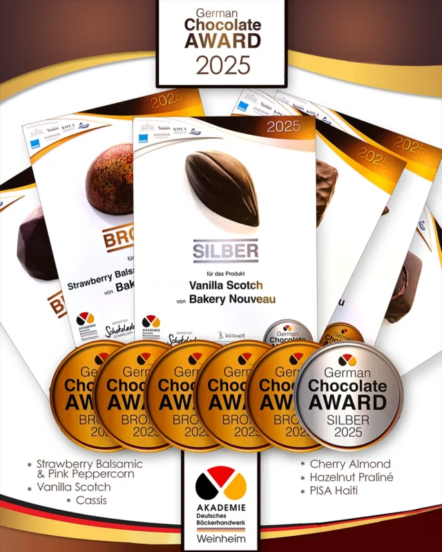 Earlier this year, Chef entered 6 Bakery Nouveau chocolate confections into our very first international chocolate competition (The Akademie Deutsches Bäckerhandwerk Weinheim). We are incredibly proud to share that he won 6 awards on our first time out on the global stage! (You heard that right, SIX OUT OF SIX!!!)

We competed with 278 distinguished participants from around the world, so we are exceedingly humbled to be recognized among this outstanding group of chocolatiers. 

Help us congratulate Chef and our very talented chocolate team for this great accomplishment!!! 

Thank you esteemed judges!!!

The flavors submitted for this competition are available in all 3 shops:

- Strawberry Balsamic & Pink Peppercorn (confection)
- Vanilla Scotch (confection)
- Cassis (confection)
- Hazelnut Praliné (confection)
- Cherry Almond (confection)
- Hazelnut Praliné (confection)
- PISA Haiti (chocolate bar)