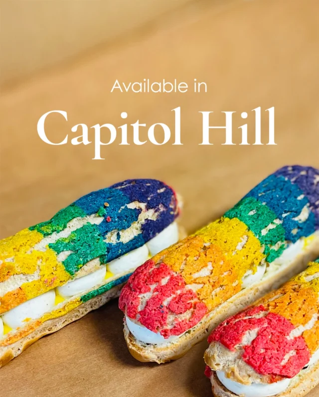 In other news...check out these adorably delicious Pride eclairs!!!! Eeek! They are just as tasty as they are cute, we can’t stand it. These beauties are filled with a delicate mango crémeux and vanilla madame.

Available only in the Capitol Hill café all month.

#SeattlePride #BeTrue #LoveYourself #LoveWhoYouLove