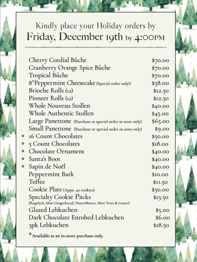 We’re taking holiday pre-orders on the webshop and in the stores. 

Keep your eyes open for descriptions of the 3 new bûche flavors!