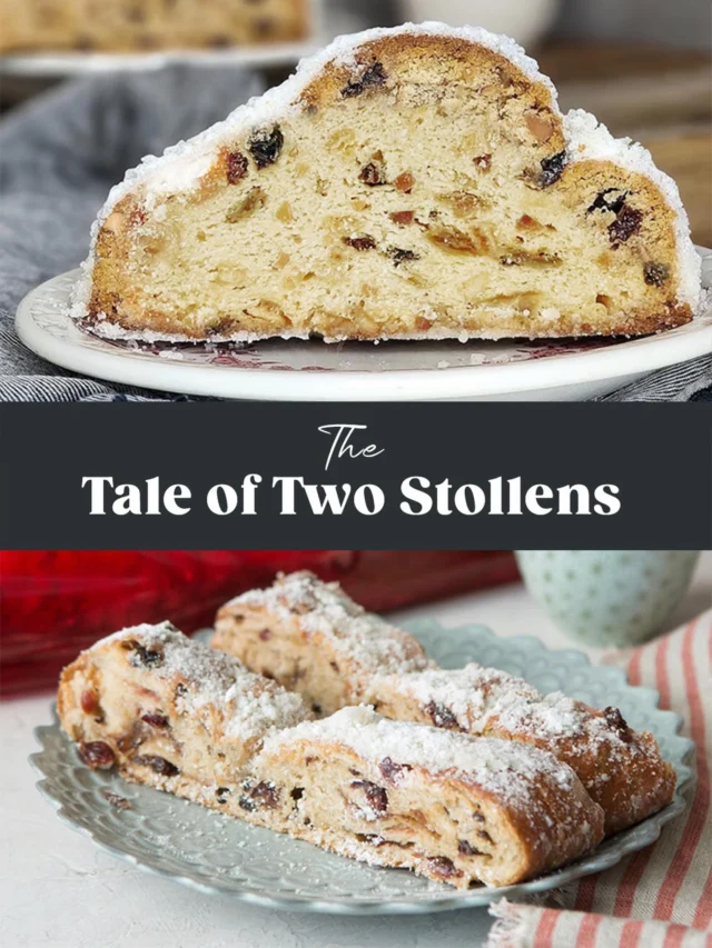 The Authentic Stollen (top photo)
A true German Stollen, this butter dessert-like bread is filled with toasted almonds and hazelnuts, candied lemon and orange peel, raisins and flavored with honey and kisrchwasser (cherry brandy). The freshly baked Stollen is dipped in rum butter and finished with cane and powdered sugars. If you were to get on a plane and fly to Germany, this is what you’d find.

* Our Authentic Stollen has been tested by the Brotinstitut in Germany and received a certificate of verified authenticity and top quality based on the specification of the German Agricultural Society.

Nouveau Classic Stollen (bottom photo)
Our Nouveau Classic Stollen is inspired by the traditional Stollen of old Dresden, Germany. It has a pronounced almond flavoring. This rich, buttery dessert-like bread is filled with candied orange, dried citrus  peel, candied almonds, dried cranberries, raisins, cinnamon, and marzipan. The baked Stollen is dipped in rum butter and finished with cane and powdered sugars.

Both styles are available on the webshop and in all 3 shops.

#AuthenticStollen