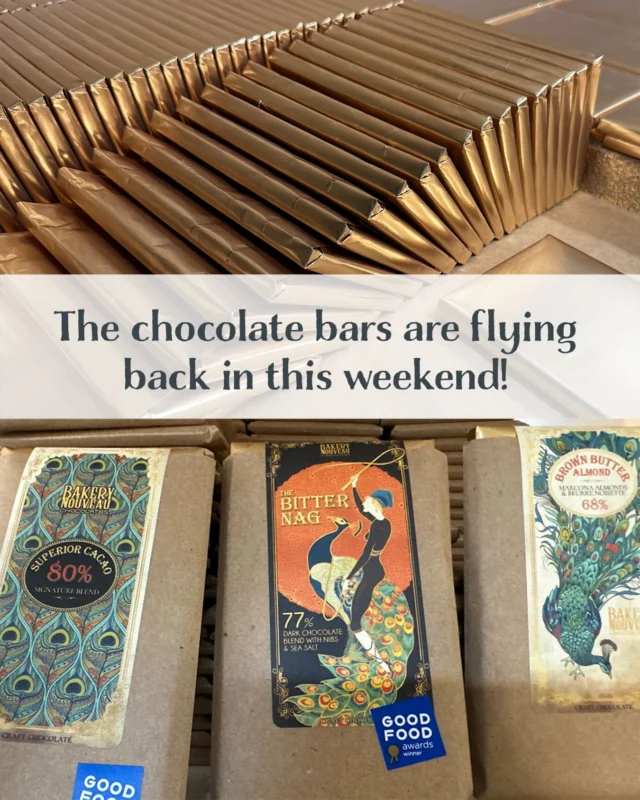Chef’s had the chocolate machines running at full-tilt, and this weekend, the shelves are replenished across all three shops.

The Bitter Nag is back (still a little sassy), joined by the 42% Classic Milk Chocolate, Brown Butter Almond, Superior Cacao 80%, and The Nibbler.

Come quickly. They have a way of disappearing.