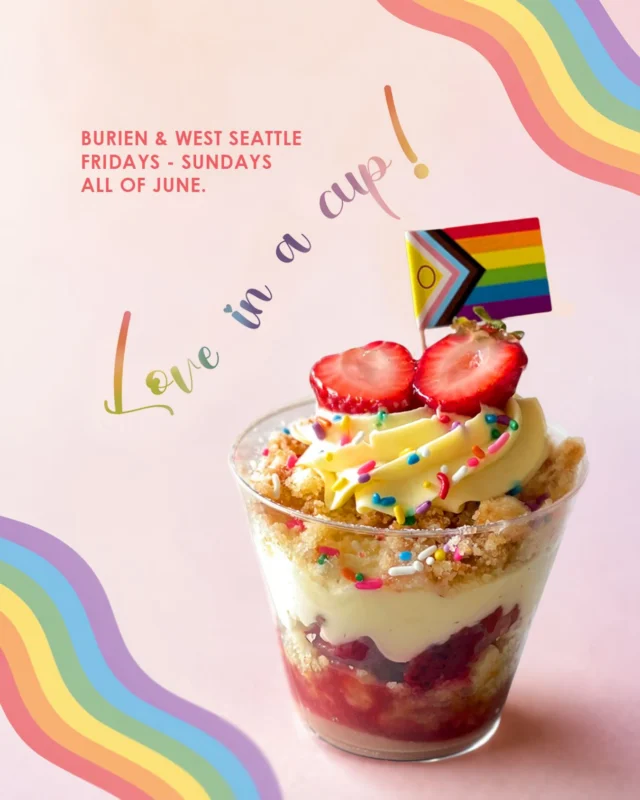 Pride is a celebration of authenticity, community, and the joy of being seen and loved exactly as you are.

Through the month of June (on weekends in Burien & West Seattle), we’re honored to celebrate with a dessert created by Chef William especially for Pride. Inspired by strawberry shortcake, this sumptuous treat is layered with butter cake crumbs and bright summer flavors.

Life is sweeter when everyone belongs, everyone is loved and everyone is supported. 

Happy Pride Month, from all of us at Bakery Nouveau!