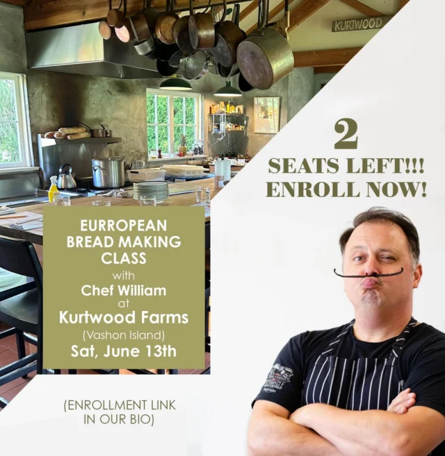 Chef William will be joining Kurtwood Farms this Saturday, June 13, ON VASHON ISLAND to teach a fabulous class on preparing 3 types of Bakery Nouveau Breads: A French olive fougasse, a German pretzel and an Italian schiacciata.

They will be serving a Bakery Nouveau breakfast and lunch while making these 3 favorites!

Enroll quickly, there are only a few seats left. Link is in the bio.