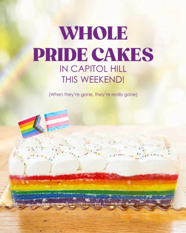 We have a surprise batch of WHOLE Pride cakes available in Capitol Hill while supplies last. 

Layers of delicate rainbow sponge are brushed with white peach and honey syrup, and kissed with white peach mousse throughout. Swoon!

#rainbowcake