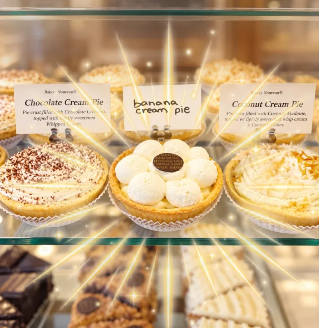 EDITED:
Sorry about the tease... Banana Cream Pies are available in CAPITOL HILL ONLY.

It’s PIE-TOBER!!!

All through the month, we'll have our individual (3") pies. 
Chocolate Cream Pie & Coconut Cream Pie in Burien and West Seattle.

Capitol Hill has Chocolate Cream Pie, Coconut Cream Pie, and Banana Cream Pie.